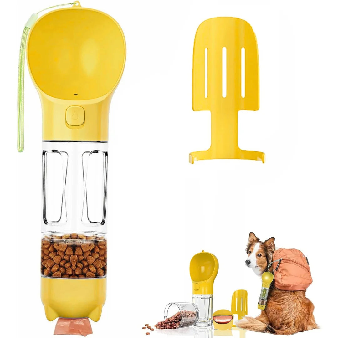 Botella 4 en 1 para Mascotas – Bebedero, Comida,Dispensador de Bolsas y Portátil