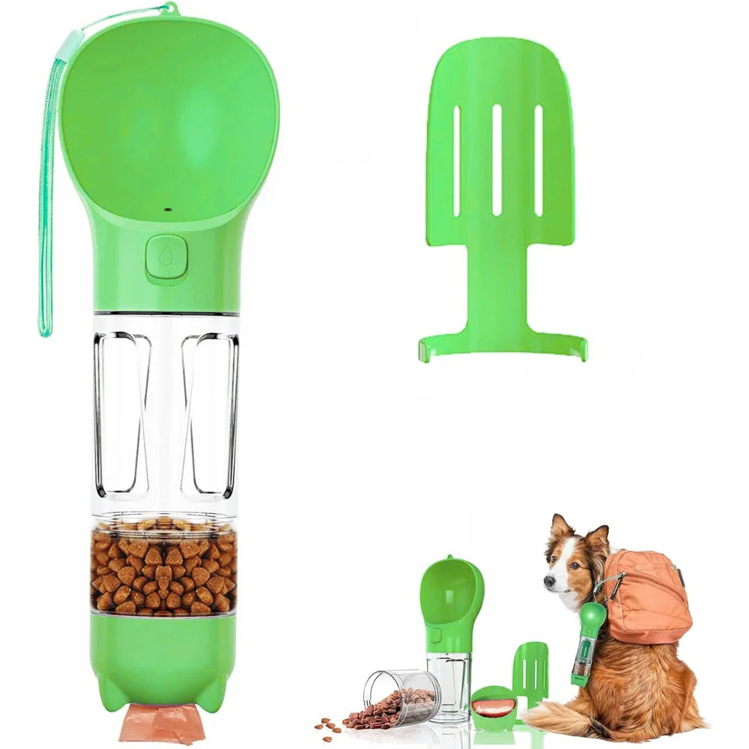 Botella 4 en 1 para Mascotas – Bebedero, Comida,Dispensador de Bolsas y Portátil